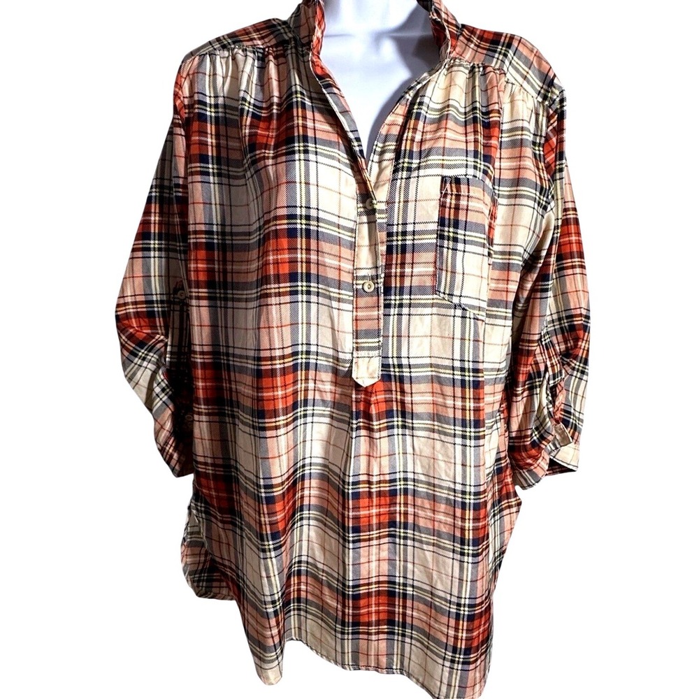 CALS Plaid Roll Tab Sleeve Tunic Blouse Orange Navy Cream med
